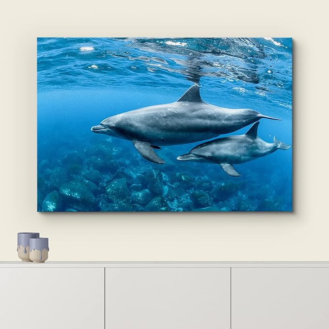 wall26 Canvas Print Wall Art Tropical Ocean Sea Underwater Dolphin Duo Nature Animals Photography Realism Rustic Scenic Landscape Wilderness Earth Colorful for Living Room, Bedroom, Office - 24"x36"