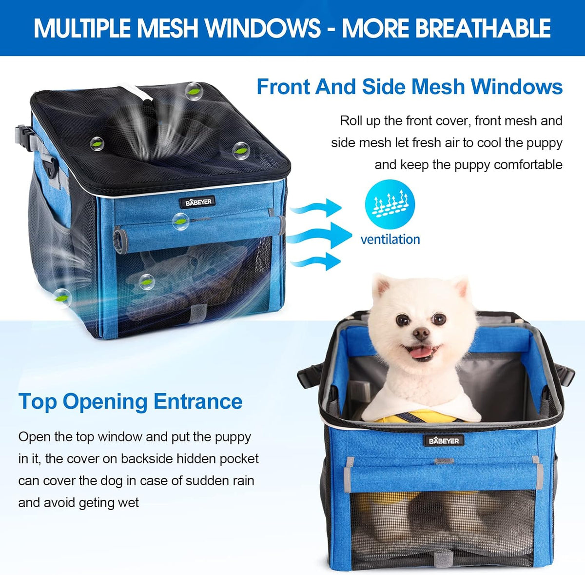 Dog Bike Basket, Soft-Sided Dog Bike Carrier with 4 Mesh Windows for Small Dog Cat Puppies - Grey - Blue-1 - image 2