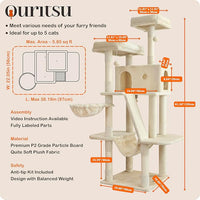 Ouritsu Cat Tree, 61 inch Tall Cat Tower for Large Cat Indoor, Enlarged Condo, 2 Padded Perches with 1 Widened, Large Hammock, Scratching Post and ramp, Fluffy Basket, Beige, LF002WH