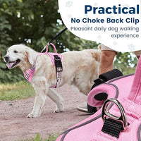 Funfox Dog Harness No Pull, Adjustable Pet Vest Harness, Super Soft Material with Vertical Handle Easy Control, Reflective Night Walking, 2 Leash Clips for Large Dogs, Pink, L