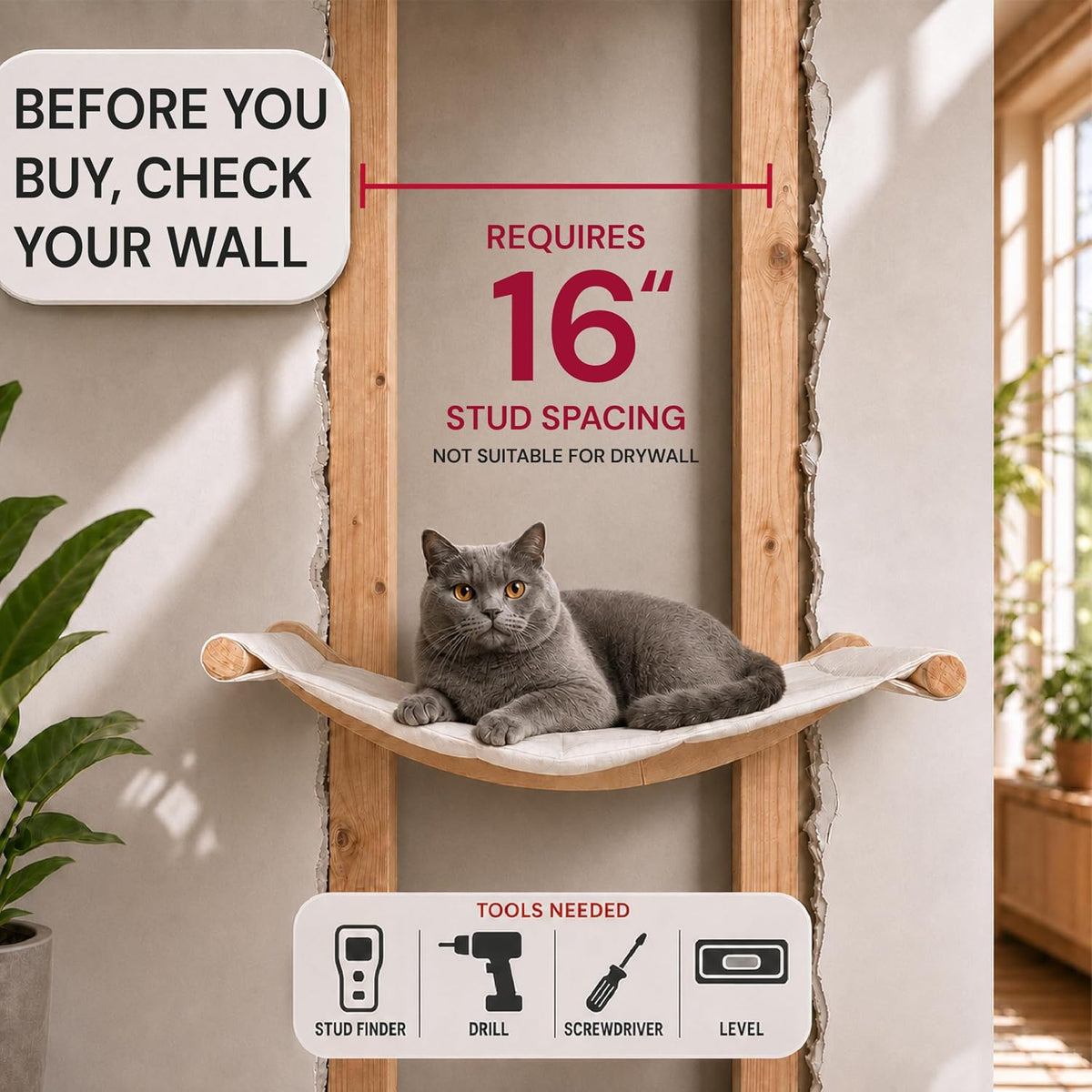 Large Cat Wall Hammock with 2 Climbing Steps – 21" Wall-Mounted Bed for Big Cats