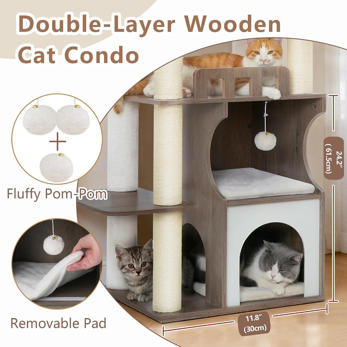 Modern Cat Tree, 76'' Tall Cat Tower, 3 Big Platform GCT103WB - Rustic Gray / 70.9 inches - image 2