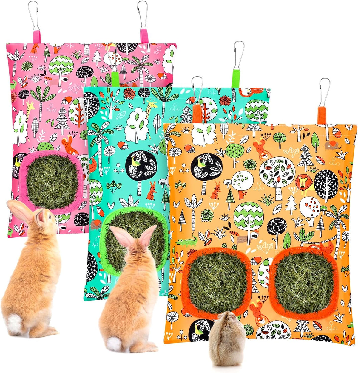 UPINS 3Pack Guinea Pig Hay Feeder Bag - Orange Green Pink