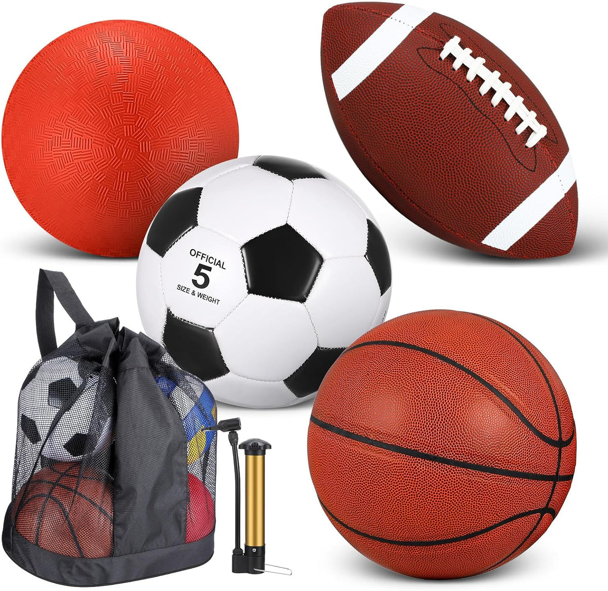 Lenwen sports balls set with basketball, soccer ball, football, playground ball, pump and bag - view 4