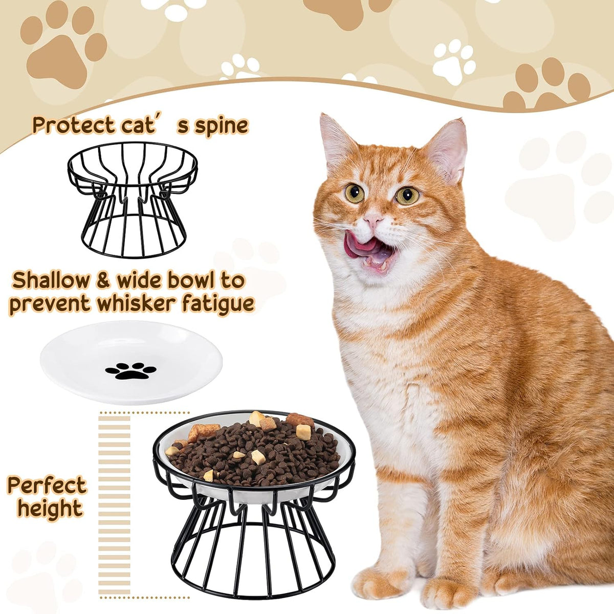 4 Sets Elevated Cat Bowls Ceramic Raised Cat Food Bowls with Metal - Black / Paw - image 4