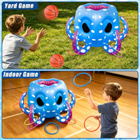 Hymaz inflatable blue octopus pool toy with basketball hoop, balls and ring toss rings - view 7