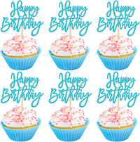 24 PCS Happy Birthday Cupcake Toppers Glitter Picks for Celebrating - Lake Blue