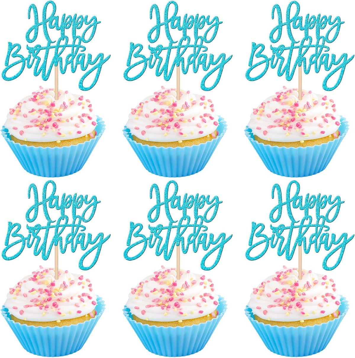 24 PCS Happy Birthday Cupcake Toppers Glitter Picks for Celebrating - Lake Blue