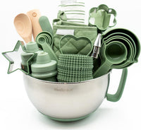 WeeSprout kids baking set in green with apron, oven mitts, rolling pin and cookie cutters