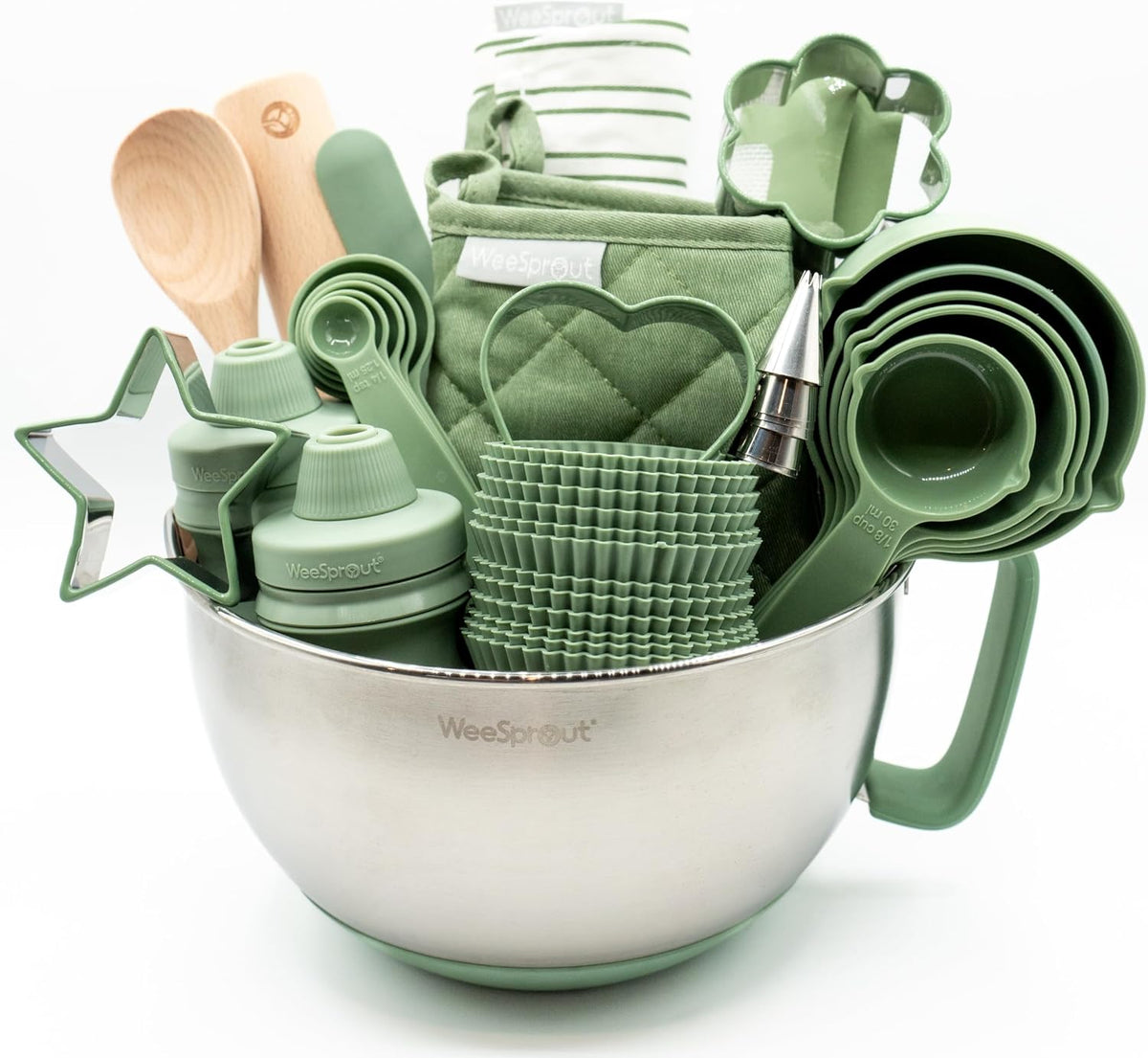 WeeSprout kids baking set in green with apron, oven mitts, rolling pin and cookie cutters