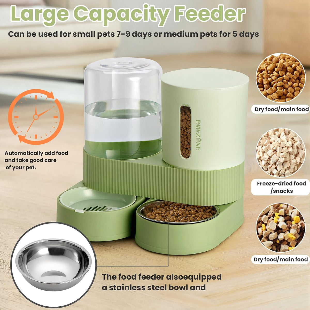 Automatic Cat Feeder Stainless Steel Water Dispenser Gravity Food - Green - image 3