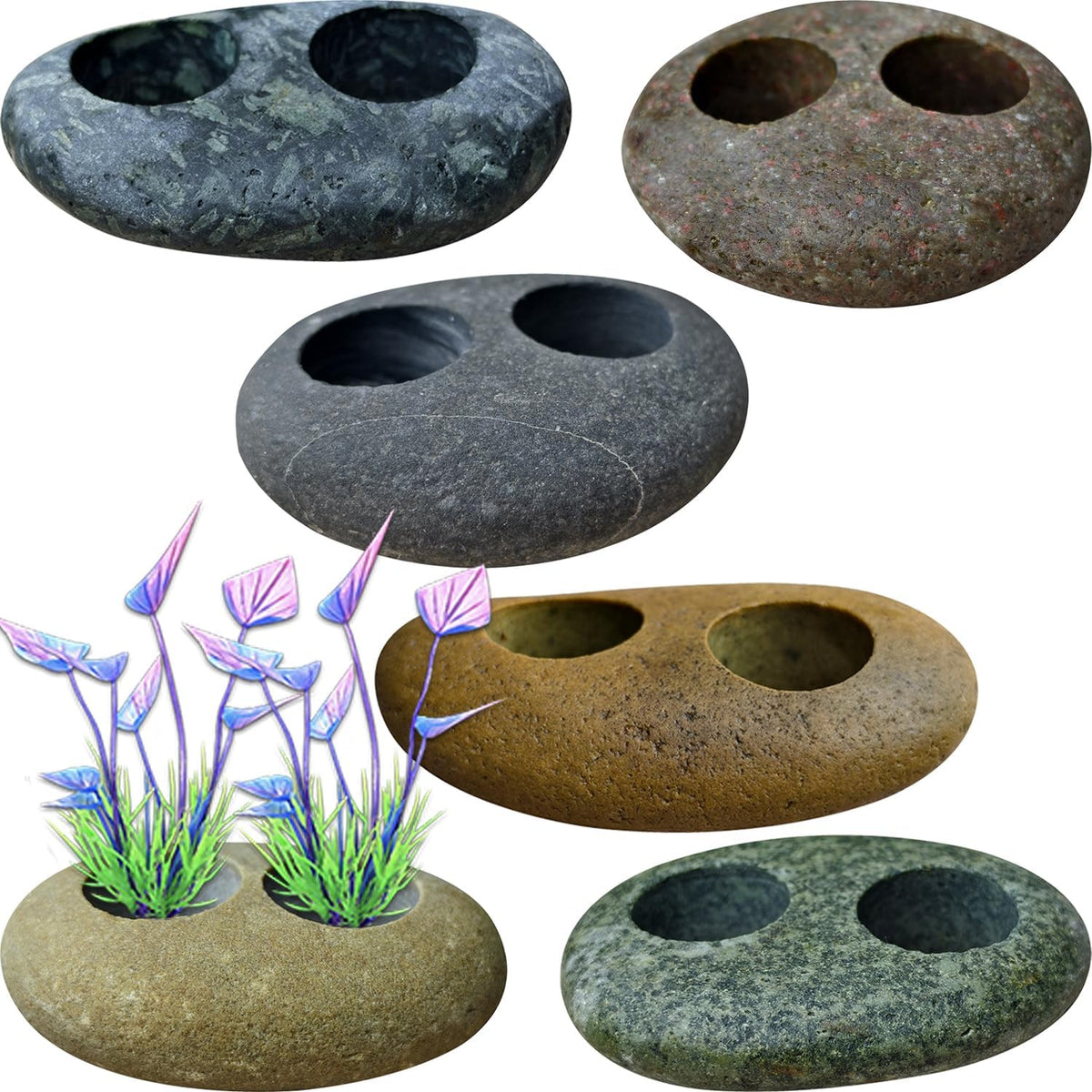 Natural River Stone Plant Weights for Aquarium - Small 0.8″ 2holes 6pcs