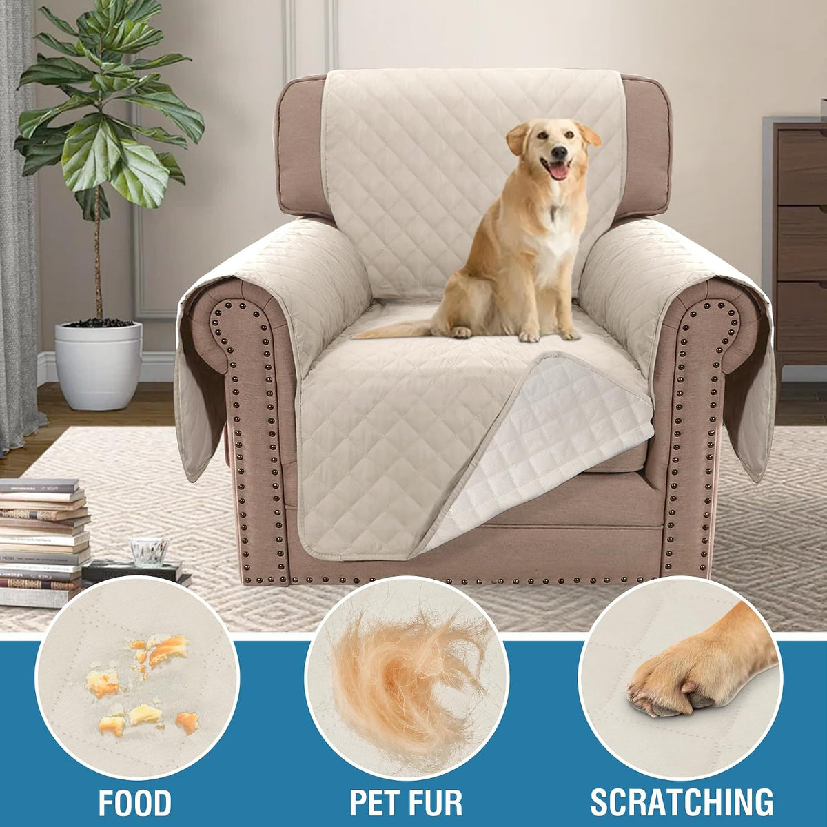 H.VERSAILTEX Sofa Cover Couch Cover for Dogs with Elastic Straps 100% - Coconut Milk / Slipcover-Chair - image 2