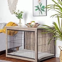 DWANTON Dog Crate Furniture with Cushion, Wooden Kennel Table with Double Doors, Indoor Dog House, Large Size, 38.5" L, Greige