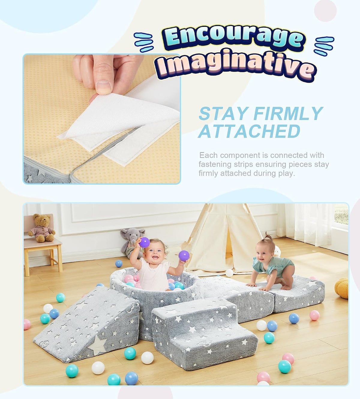 Elftopia foam climbing blocks with ball pit, stair climber and triangle wedge in beige - view 10