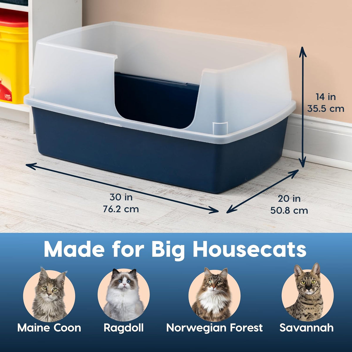 IRIS USA XX-Large High Sided Cat Litter Box, Scatter Shield - XXL Side Entry / Navy - image 3