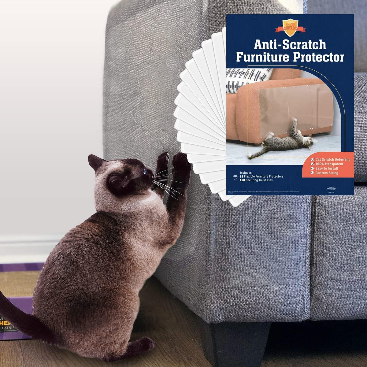 Cat Scratch Furniture Protector - 18 XL Shields + Twist Pins