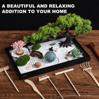 Thaibear desk zen garden kit with black wooden tray, white sand, stones, bonsai and bridge - view 3