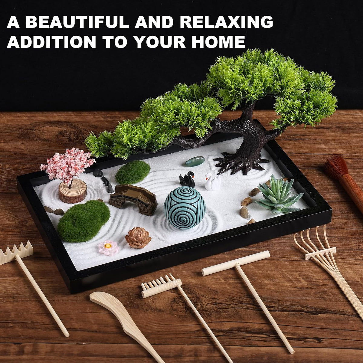 Thaibear desk zen garden kit with black wooden tray, white sand, stones, bonsai and bridge - view 3