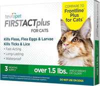 TevraPet FirstAct Plus Flea and Tick Topical for Cats over 1.5lbs, 3 Dose Waterproof Flea and Tick Control/Prevention for 3 Months