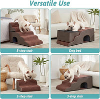 Wide Dog Stairs with Tunnel, Foam Detachable Large Dog Step for Small Pet, Puppy or Cats, Medium Pet Ramp for High Bed, Couch, Sofa or Car, 19.7x33x22.4 inch, 5 Step, Brown