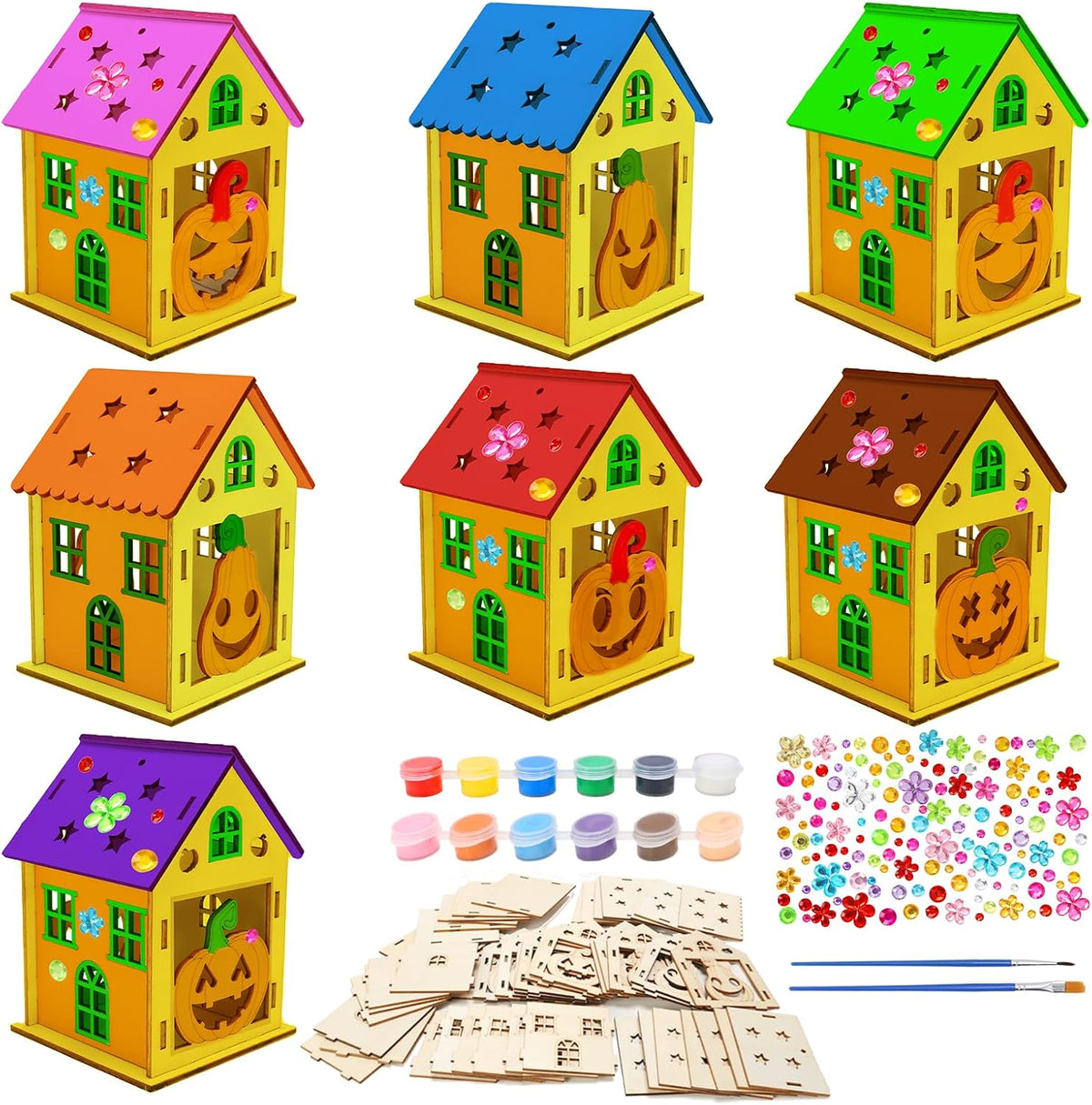 Fennoral 7 pack wooden 3D pumpkin house craft kit for kids Halloween decorating - view 3