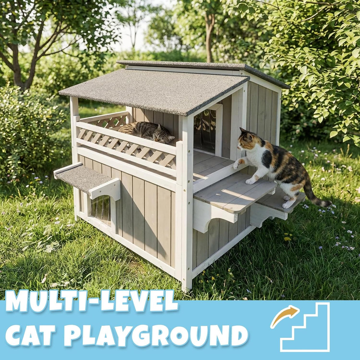 Outdoor & Indoor Wooden Cat House - 2-Story Condo – 30"W - image 4