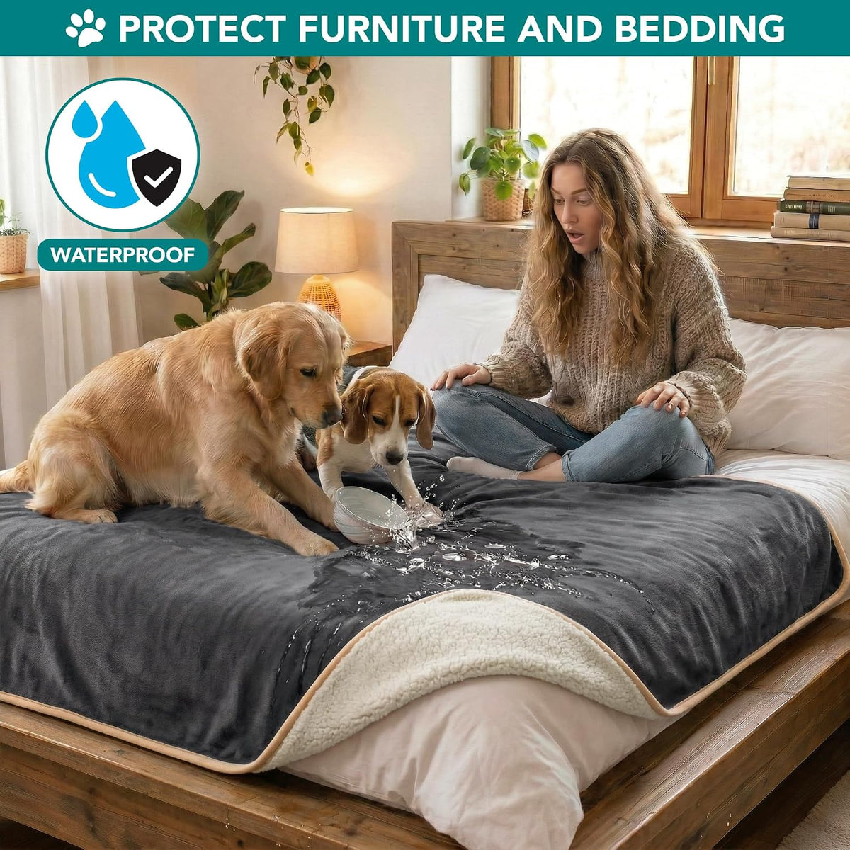 PetAmi Waterproof Dog Blanket Puppy Couch Bed Cover Queen 90x90 - Gray/Beige / X-Large (60x80) - image 2