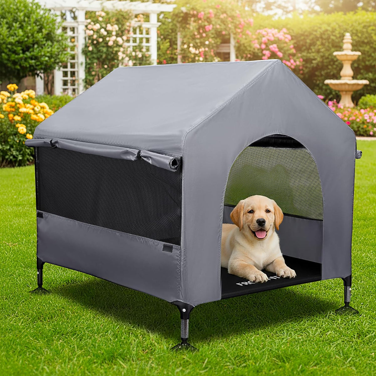 Dog House, 42” Large Dog Houses Outdoor Indoor Elevated Dog Cot Bed – Essentials for Dogs - 36 INCH Grey