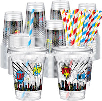 Teenyyou 12 oz clear plastic party cups with dirt bike design, lids and paper straws - view 2