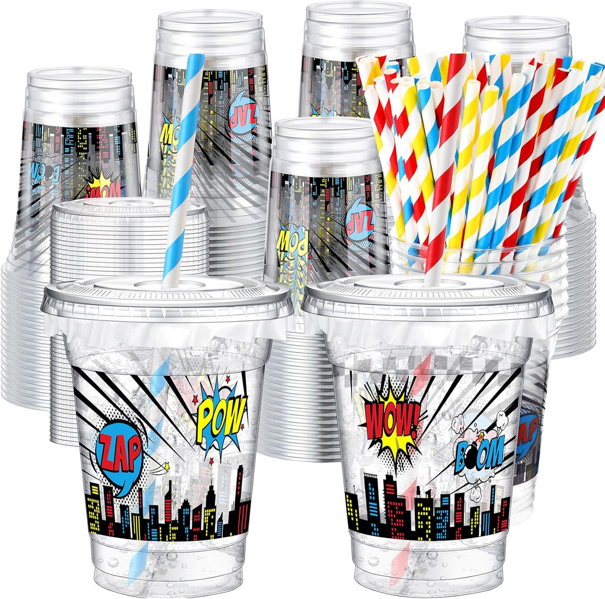 Teenyyou 12 oz clear plastic party cups with dirt bike design, lids and paper straws - view 2