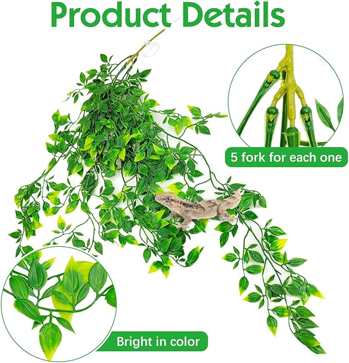Hamiledyi Reptile Plants, 4 Pack Fake Amphibian Plants, Artificial Leaves Habitat Decorations with Suction Cup for Bearded Dragon Lizard Geckos Chameleon