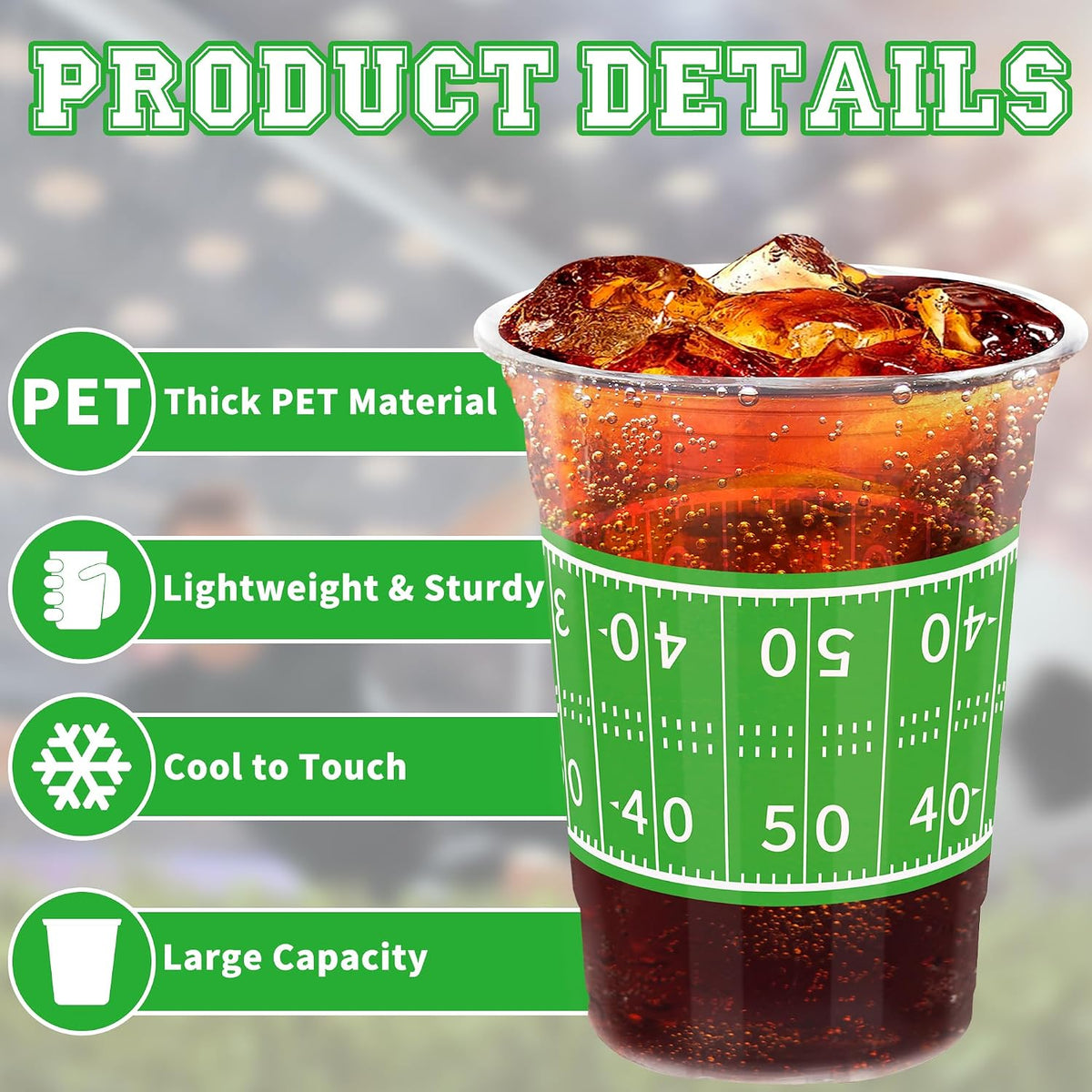 Heartome clear 16 oz football party cups with green field graphics in 2 designs - view 4