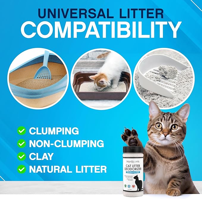 NonScents Cat Litter Deodorizer - Litter Box Odor Eliminator - Less Scooping Extends Kitty Litter Lifespan - Fragrance-Free Formula Eliminates Unpleasant Cat Odors - Fresh Scent Litter Pans (4-Pack)