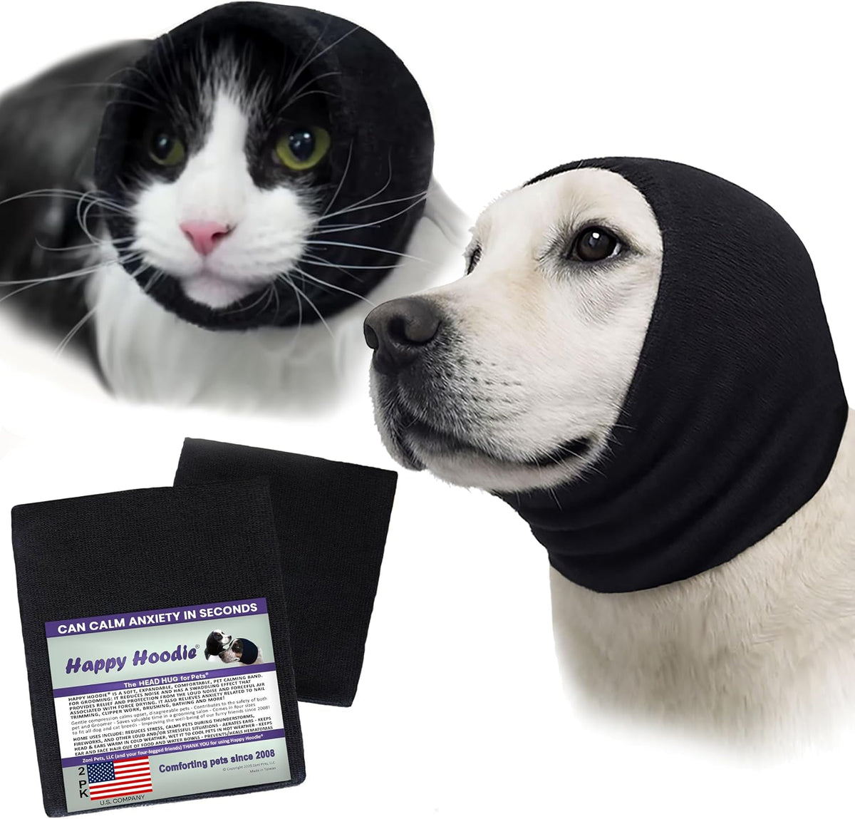 Happy Hoodie 2 Pack Dog and Cat Calming Band for Noise and Anxiety - Black — 2-Pack: Small + (Med)Large