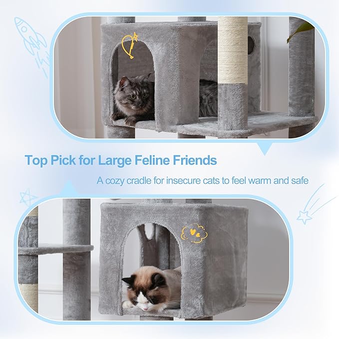 Hey-brother Tall Cat Tree Tower, Heavy Duty Scratching Posts with Large Platforms, Cozy Condos, Big Hammock, Toy Balls, Multi-Level Furniture for Indoor Adult Cats, 80.7 Inches, Light Gray MPJ039W