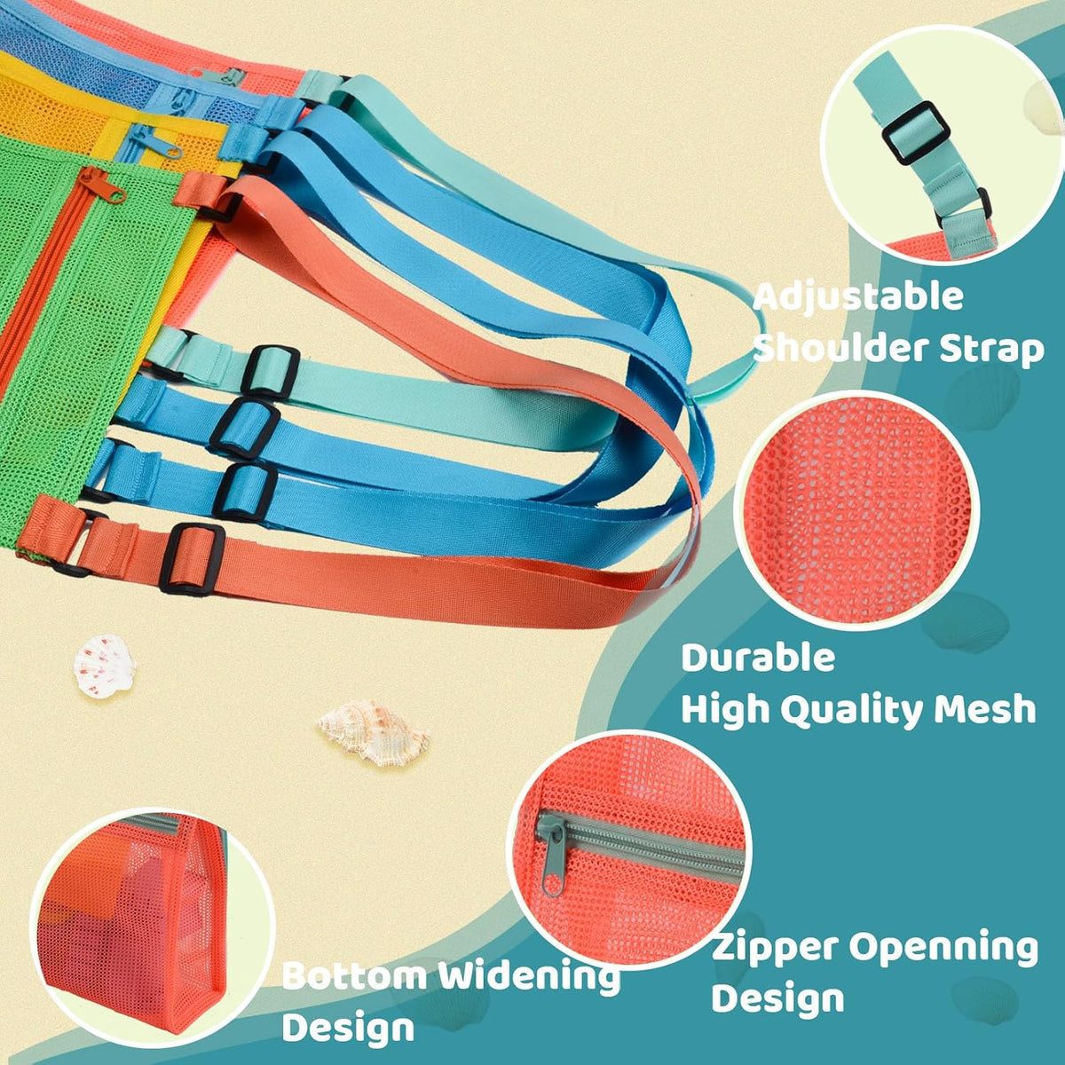MUYIZI Mesh Beach Bag for Shells Collecting 3 Pack - Yellow+Green+Orange+Blue - image 2