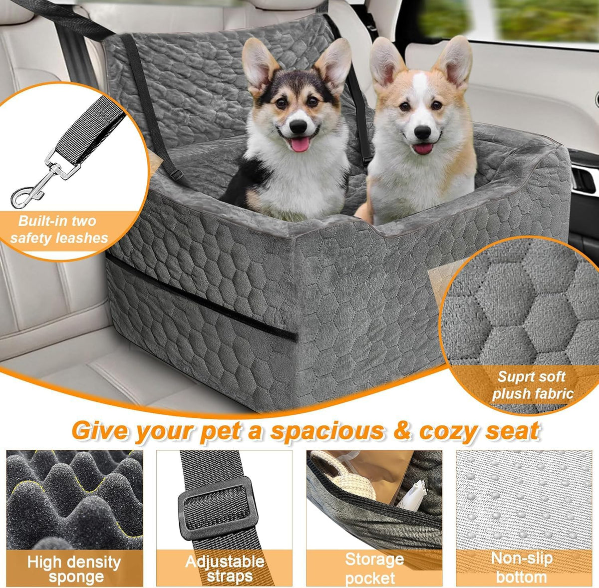 Dog Car Seat for Small/Medium Dogs, Memory Foam Dog Booster Seat - Gray / Large - image 3