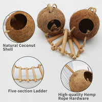 Natural Coconut Hide with Ladder Perches Hanging Bird House Toy - 1pc Double Coconut Hide with Ladder - image 2