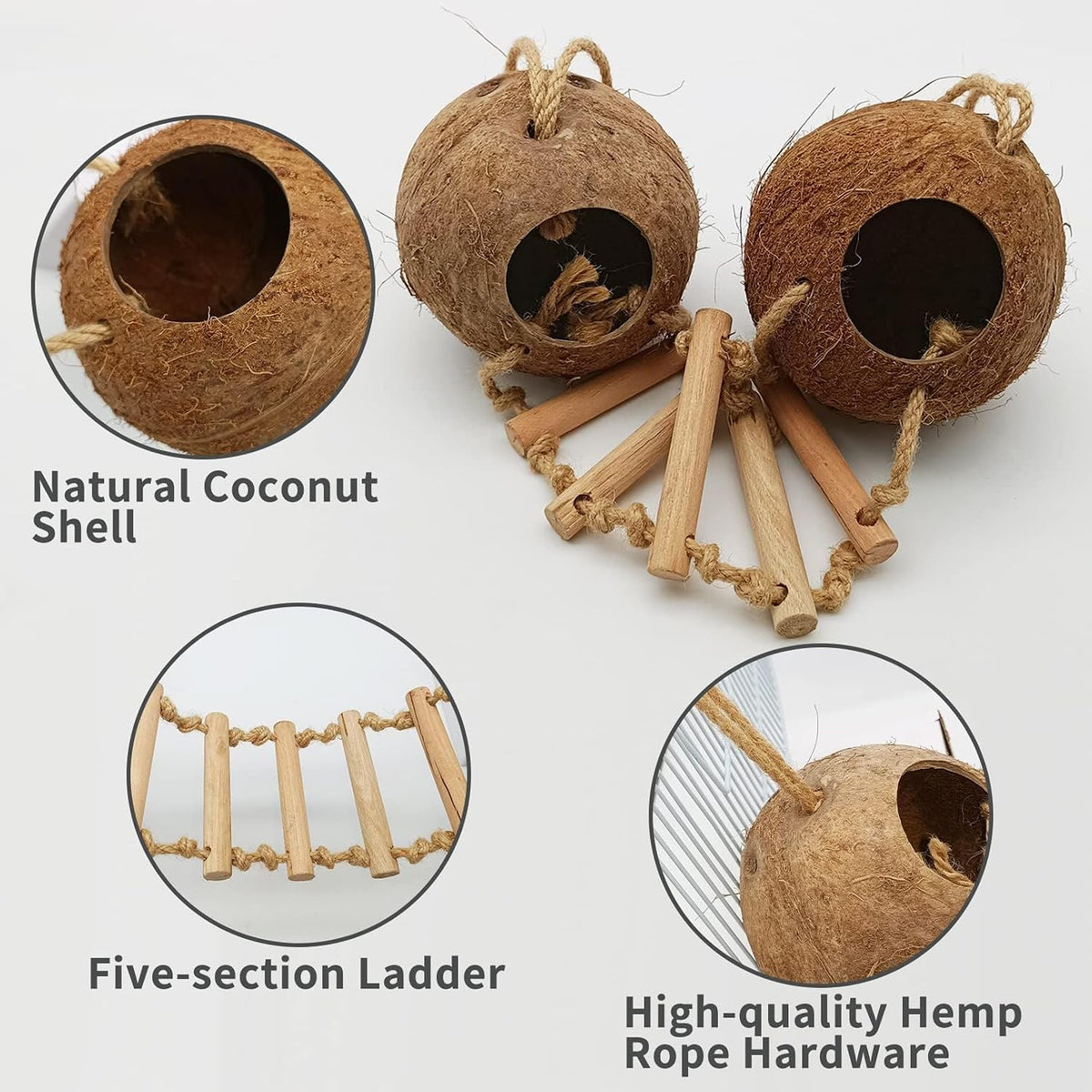 Natural Coconut Hide with Ladder Perches Hanging Bird House Toy - 1pc Double Coconut Hide with Ladder - image 2