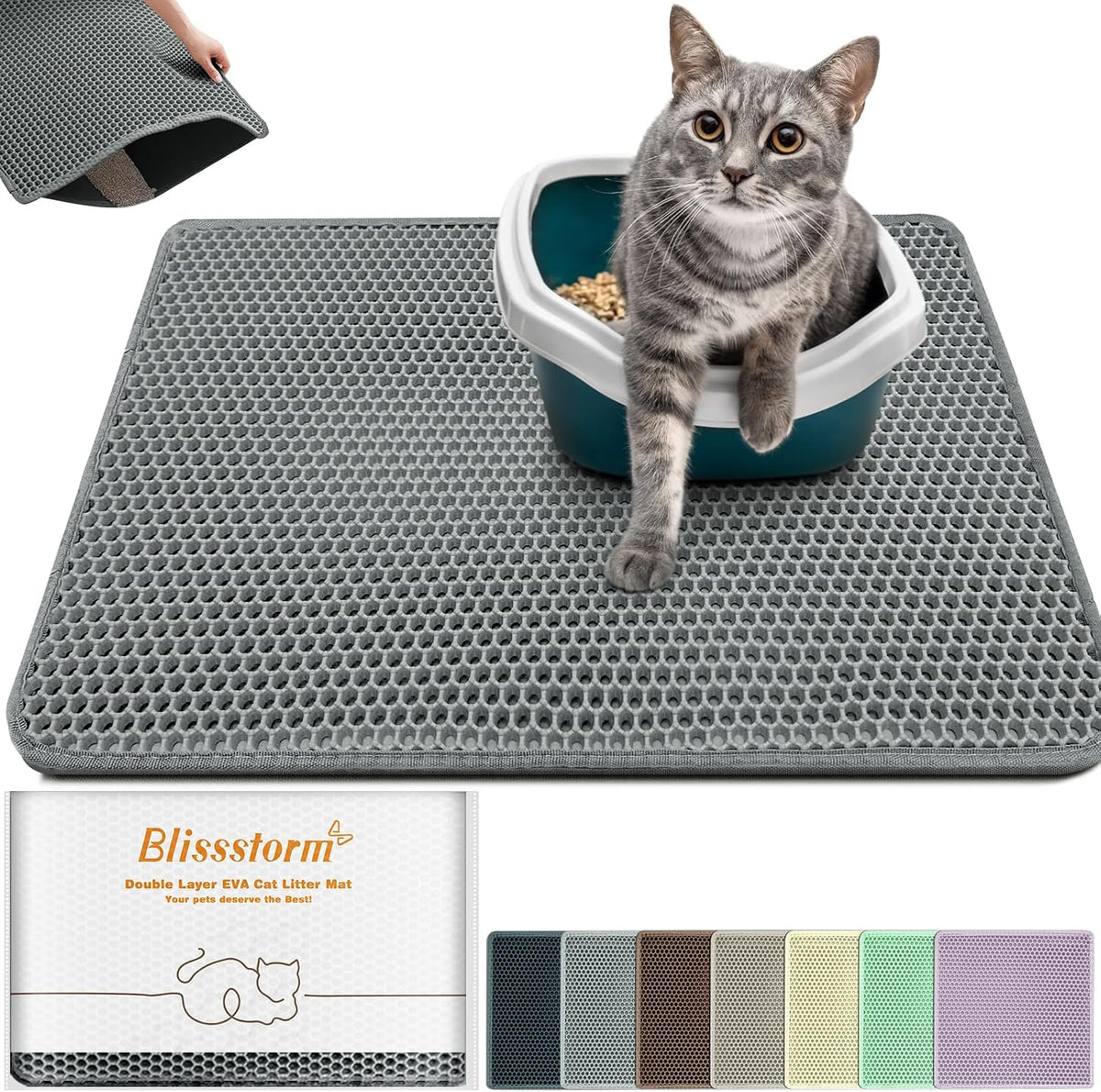 Cat Litter Mat 24"x16", Double Layer EVA litterbox Mat Beige - Dark Grey / Honeycomb-24 x 16 Inches