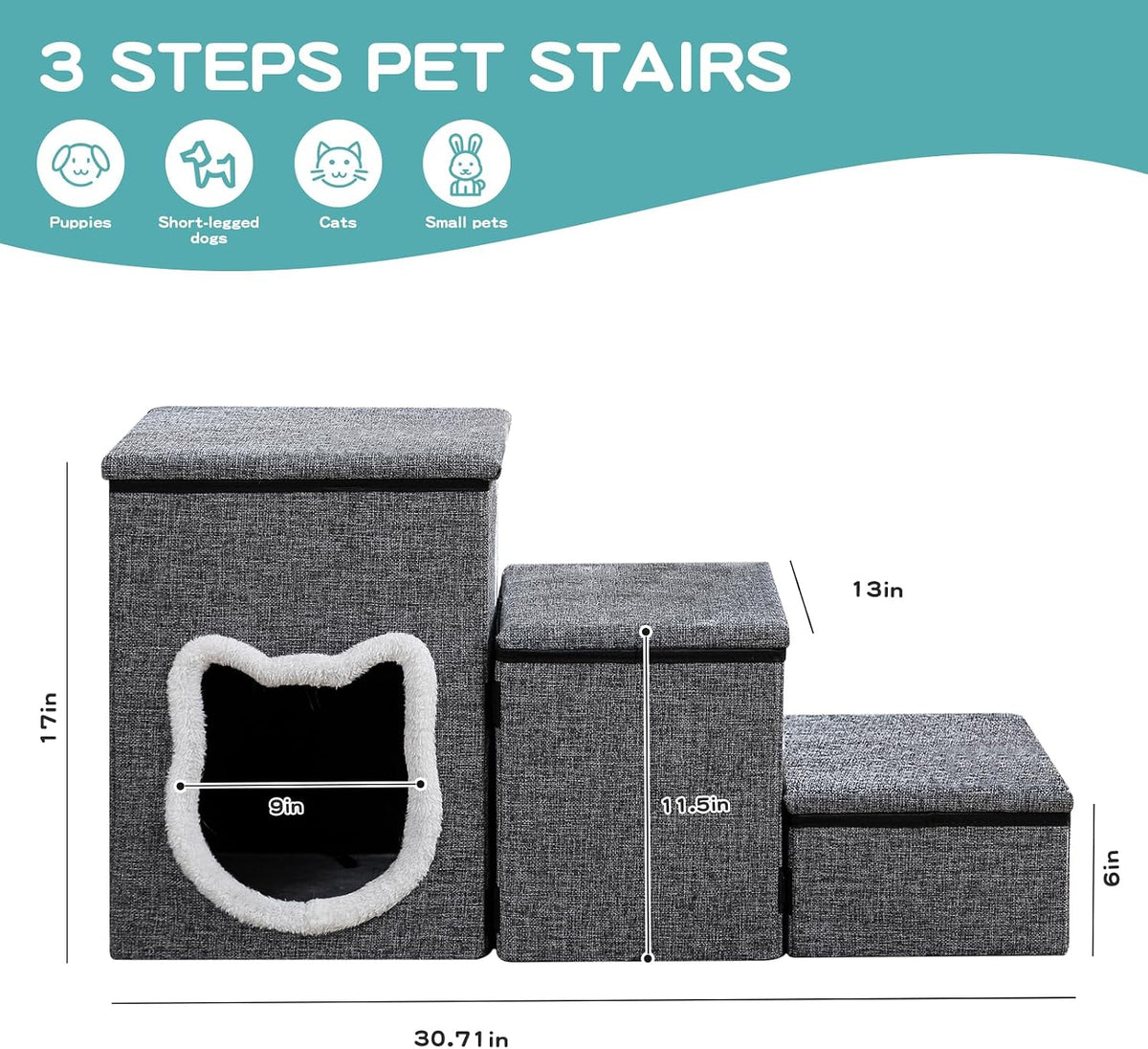 17" H Cat Stairs for Old Cats, Doggie Steps for Small Dogs - Grey / 3-Step - image 4