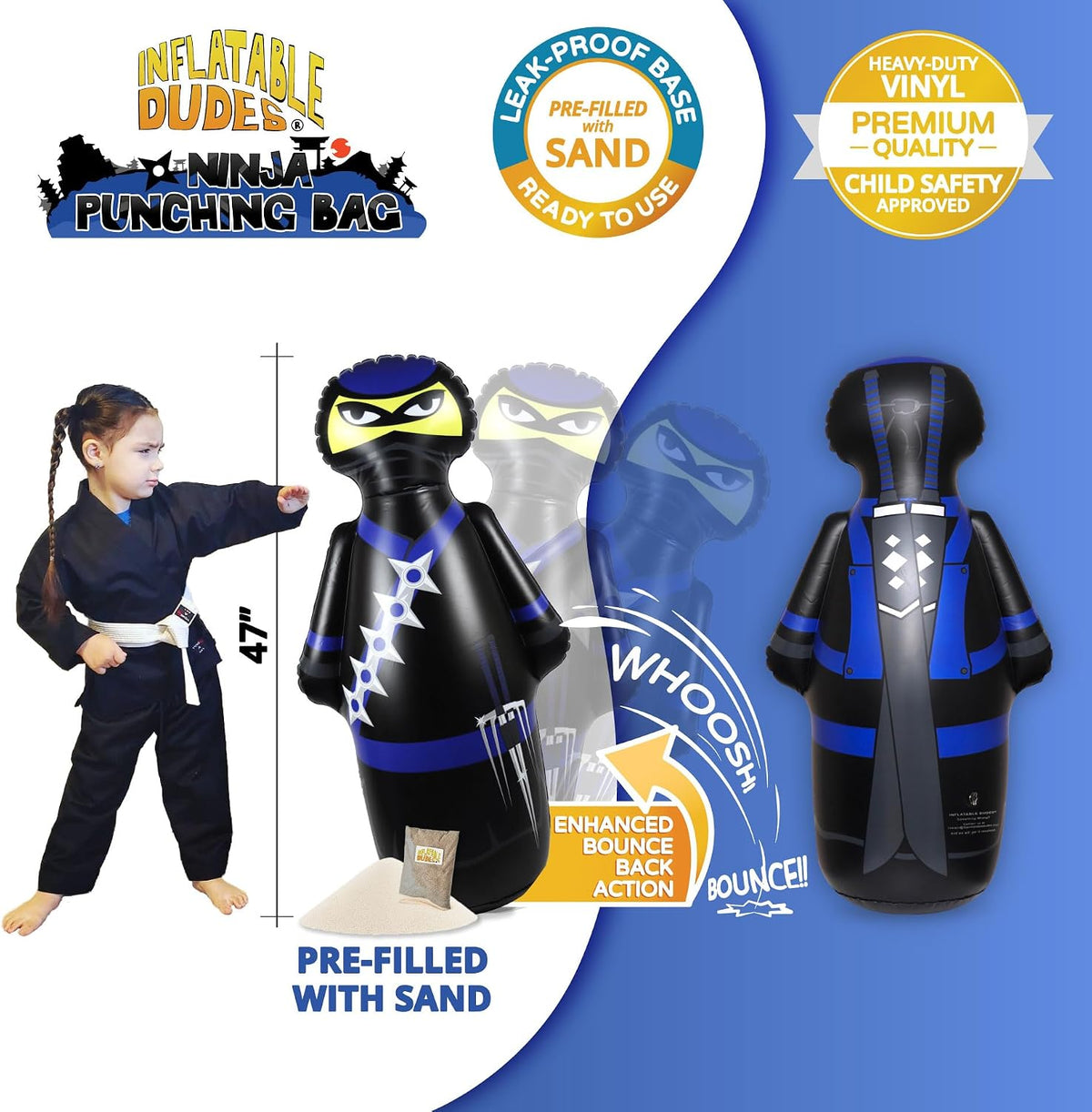 Inflatable Dudes kids punching bag bop bag, 47 inch, with sand-filled base in a ninja design - view 39