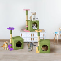 24 Inch Cat Tree Condo for Indoor Cats with Floral Sisal Scratching Post, Plush Hang Ball Play Furniture for Kittens Cats, Yellow