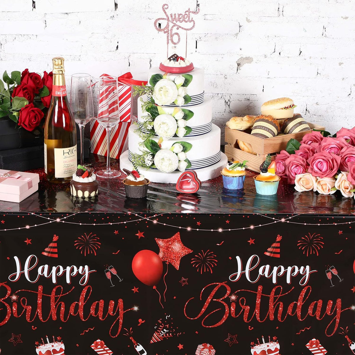 Tudomro 3 Pcs Plastic Happy Birthday Party Tablecloths - Black Red / 3 - image 3