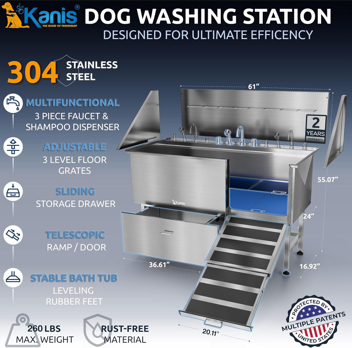 Professional Dog Washing Station 304 Stainless Steel Pets Grooming Tub – Essentials for Dogs - Silver, Right Ramp, 1 Drawer / 61 Inches - image 2