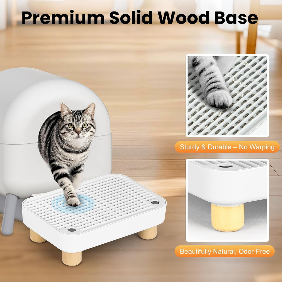 Litter Box Step, Litter Box Ramp/Catcher with Wooden Base - White - image 3