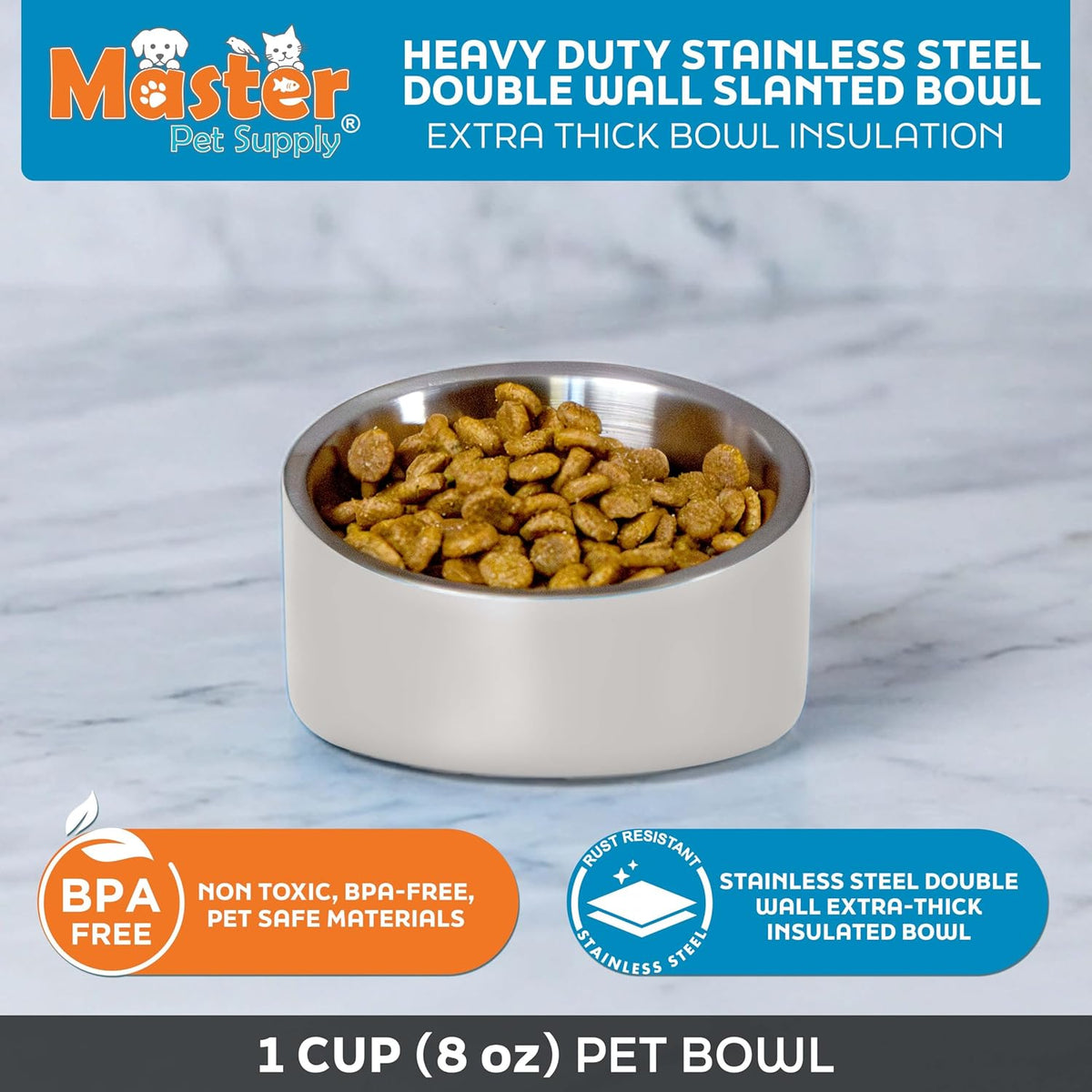 Master Pet Supply Stainless Steel Slanted Dog Cat Food Bowl 24 oz - Bone White / 1 Cup (8 oz) - image 3