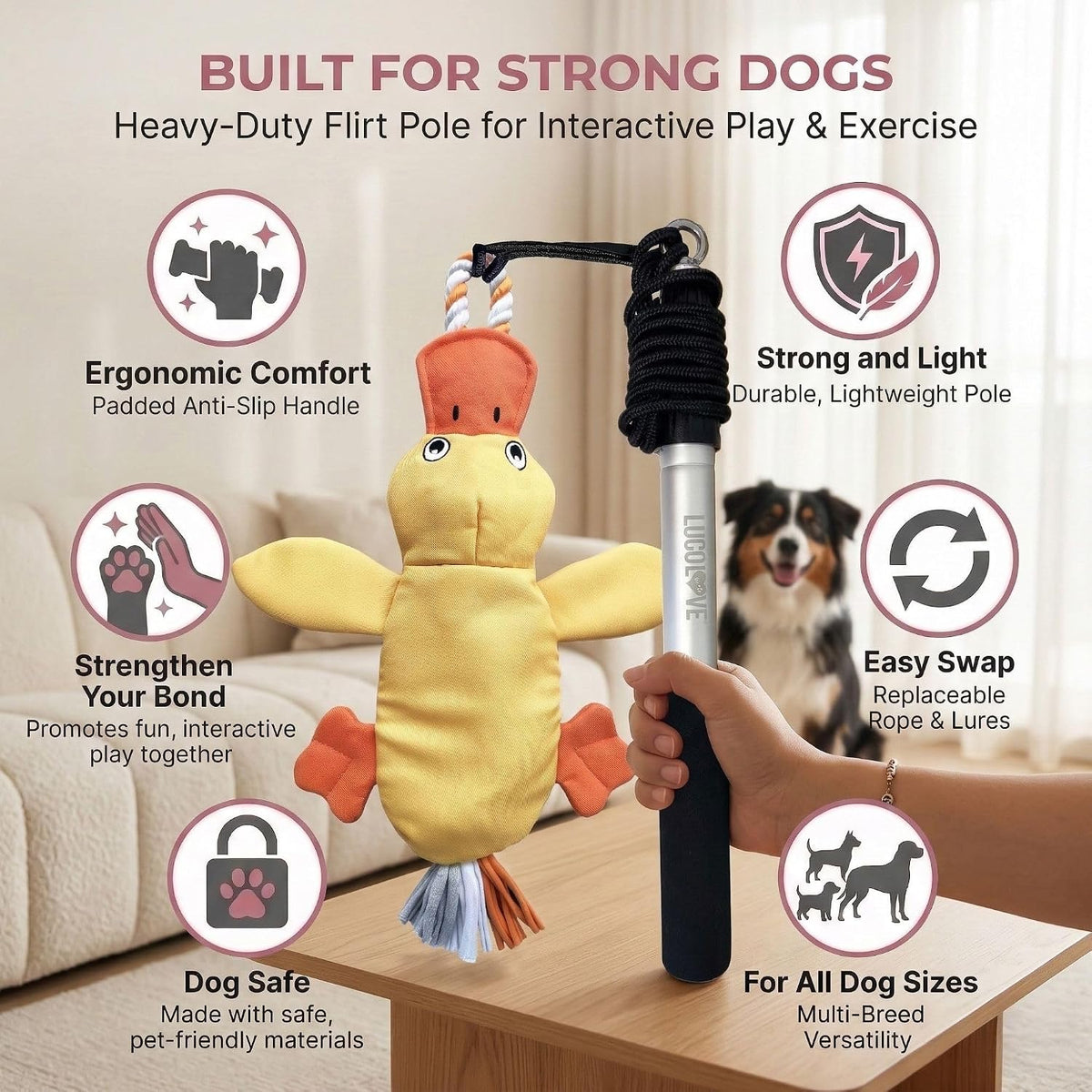 Flirt Pole for Dogs Heavy Duty 35 Inch Teaser Wand with Duck Toy – Essentials for Dogs - Duck / 35" Pole - image 4