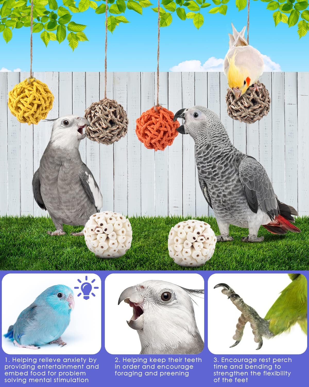 Bissap Bird Chew Toys, Parrot Foraging Shredder Natural Palm Frond Hanging Cage Toy for Conure - Balls - image 4